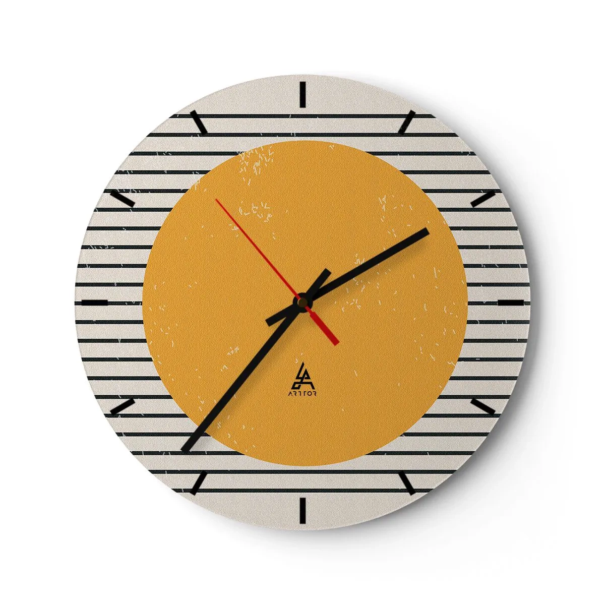 Horloge murale - Pendule murale - Un cercle orange sur un fond de rayures noires et blanches - 30x30cm - Le pouvoir de la simplicité - Décoration murale moderne pour le salon, la cuisine et la chambre ARTTOR
