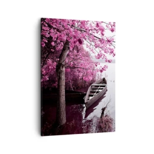 Impression sur toile - Image sur toile - Un bateau au bord d'un lac parmi des arbres roses - 50x70cm - Dans un silence rose - Décoration murale moderne pour le salon et la chambre ARTTOR