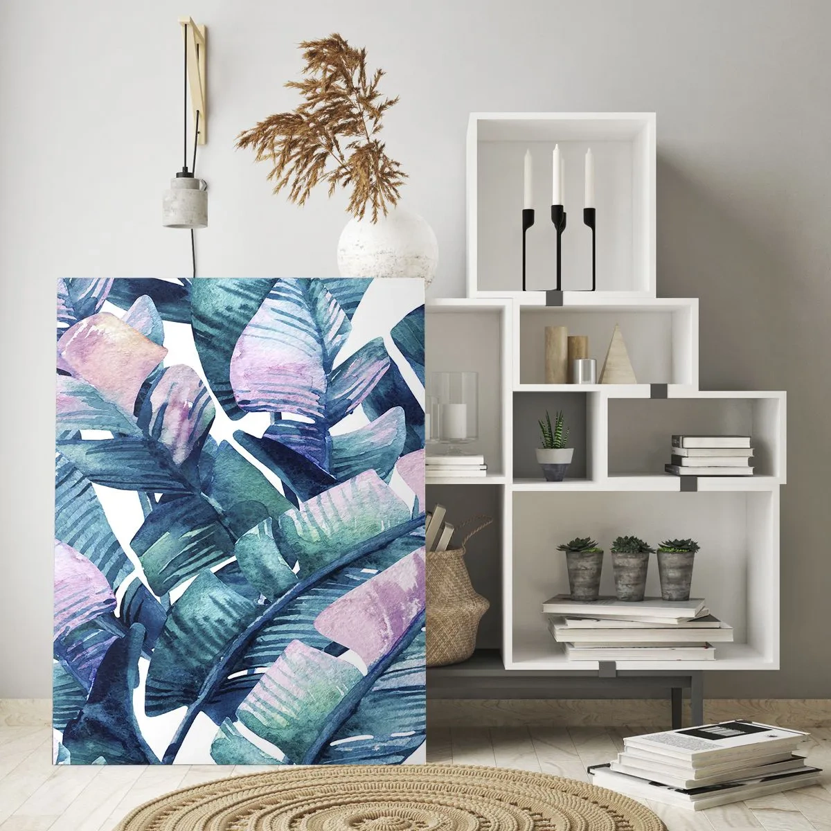 Impression sur verre - Image sur verre - Feuilles de bananier dans les tons bleu et rose - 80x120cm - Dans une bananeraie - Décoration murale moderne pour le salon et la chambre ARTTOR