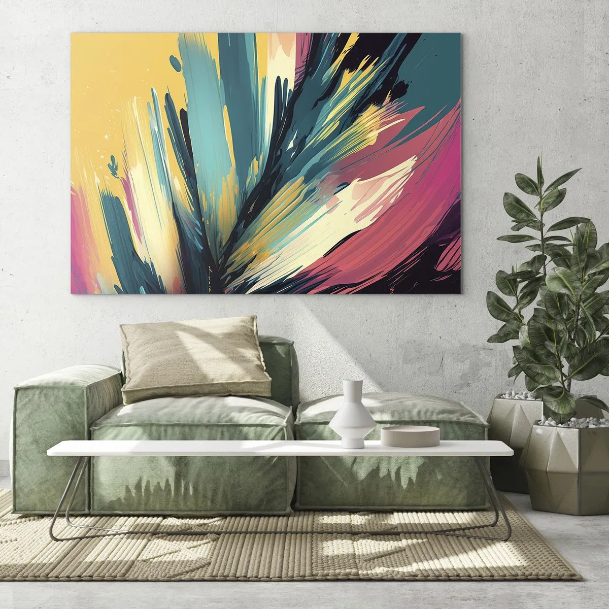 Impression sur verre - Image sur verre - Coups de pinceau dynamiques aux couleurs vibrantes - 100x70cm - Composition – une explosion de joie - Décoration murale moderne pour le salon et la chambre ARTTOR