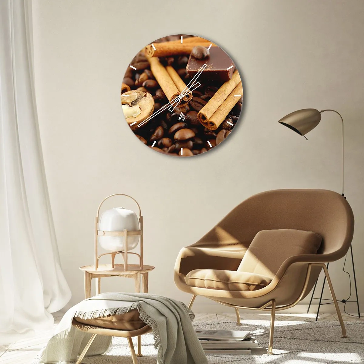 Horloge murale - Pendule murale - Grains de café, cannelle et morceaux de chocolat - 30x30cm - Concert d'aromates - Décoration murale moderne pour le salon, la cuisine et la chambre ARTTOR