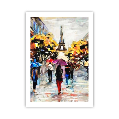 Affiche - Poster - La Tour Eiffel dans un paysage d'automne avec des parapluies colorés - 50x70cm - Particulièrement beau en automne - Décoration murale moderne pour le salon et la chambre ARTTOR