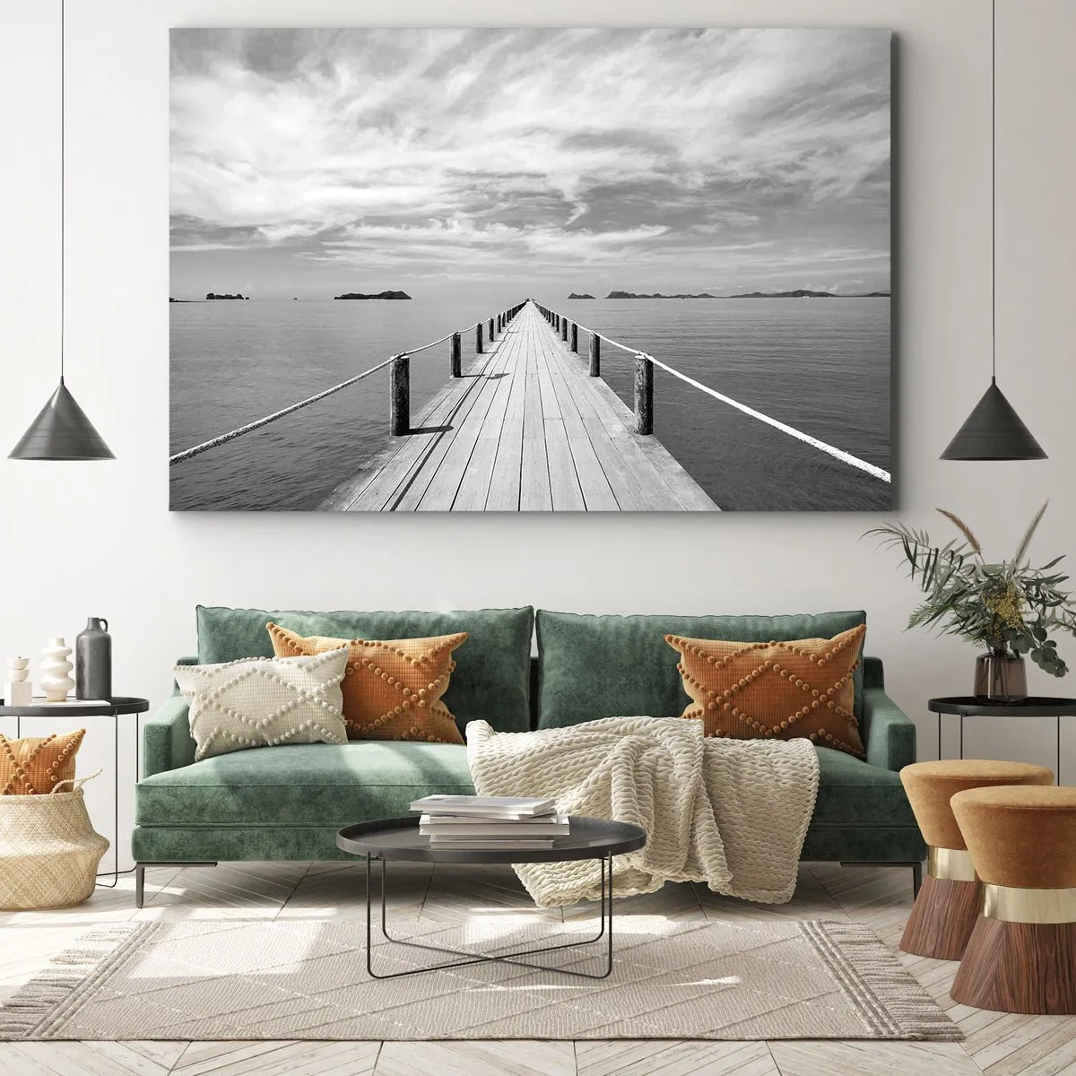 Impression sur toile - Image sur toile - Une jetée en bois menant au loin sur une mer calme - 120x80cm - Et peut-être un voyage... - Décoration murale moderne pour le salon et la chambre ARTTOR