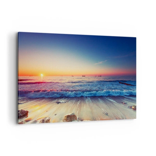 Impression sur toile - Image sur toile - Coucher de soleil sur une mer calme avec des vagues - 120x80cm - Mais quel horizon ? - Décoration murale moderne pour le salon et la chambre ARTTOR