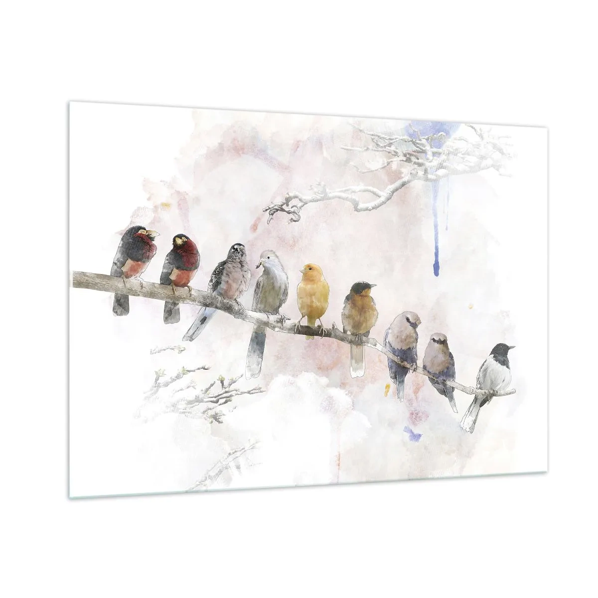Impression sur verre - Image sur verre - Oiseaux colorés sur une branche dans un style pictural - 100x70cm - Rencontre ailée - Décoration murale moderne pour le salon et la chambre ARTTOR