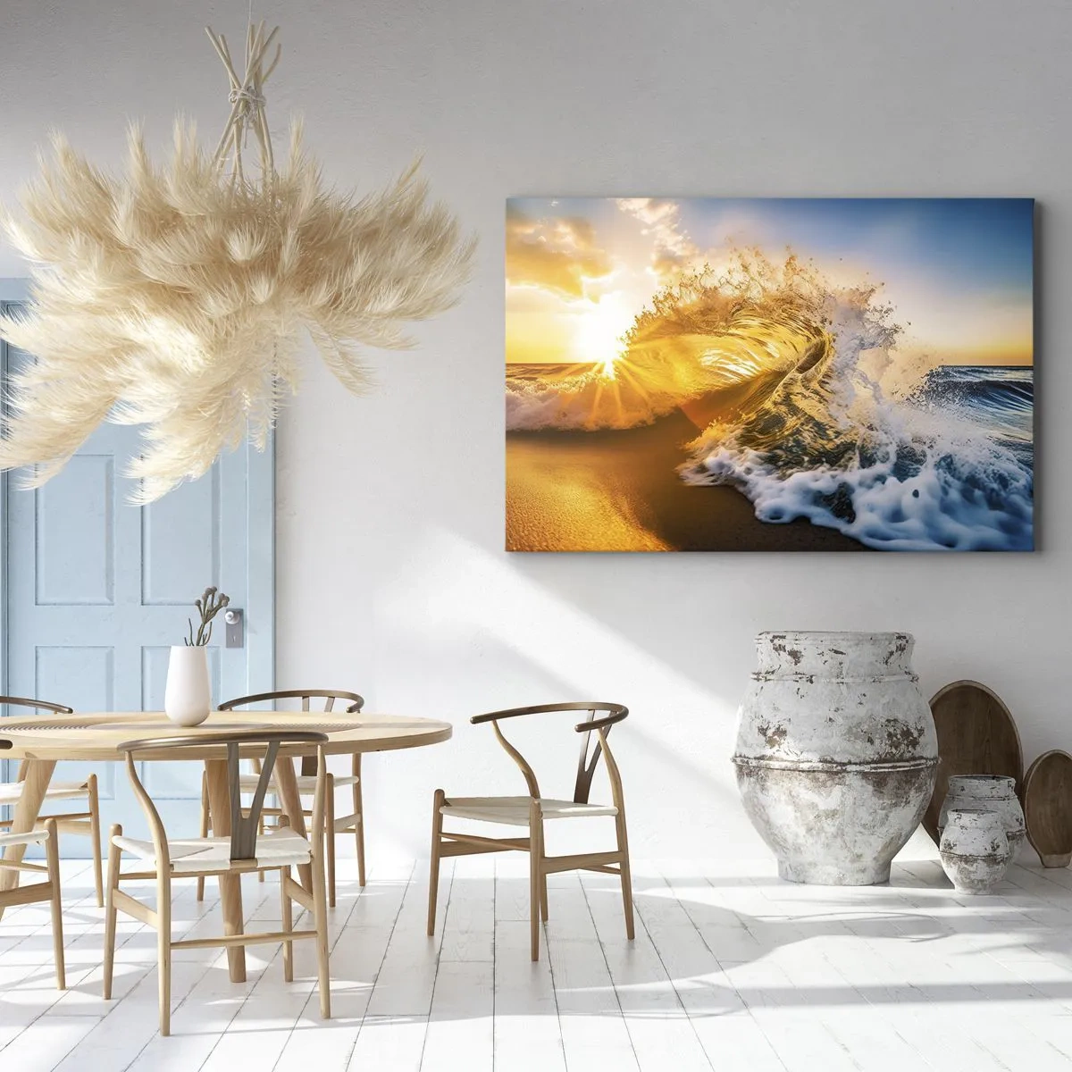 Impression sur toile - Image sur toile - Une vague dorée sur fond de soleil couchant - 120x80cm - S'amuser dans le sable - Décoration murale moderne pour le salon et la chambre ARTTOR