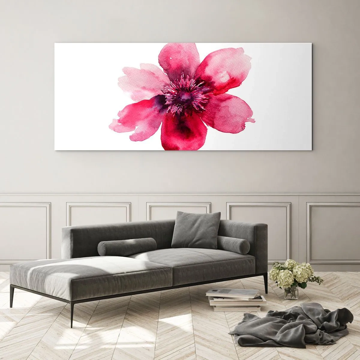 Impression sur verre - Image sur verre - Fleur rose dans un style aquarelle sur fond blanc - 120x50cm - Un baiser parfumé au carmin - Décoration murale moderne pour le salon et la chambre ARTTOR