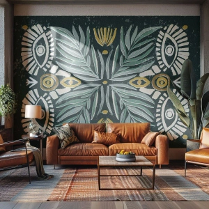 Papier Peint Photo Premium Canvas - Motif végétal symétrique sur fond vert - 100x70cm - Comme une découpe folklorique - Décoration murale moderne pour le salon et la chambre ARTTOR