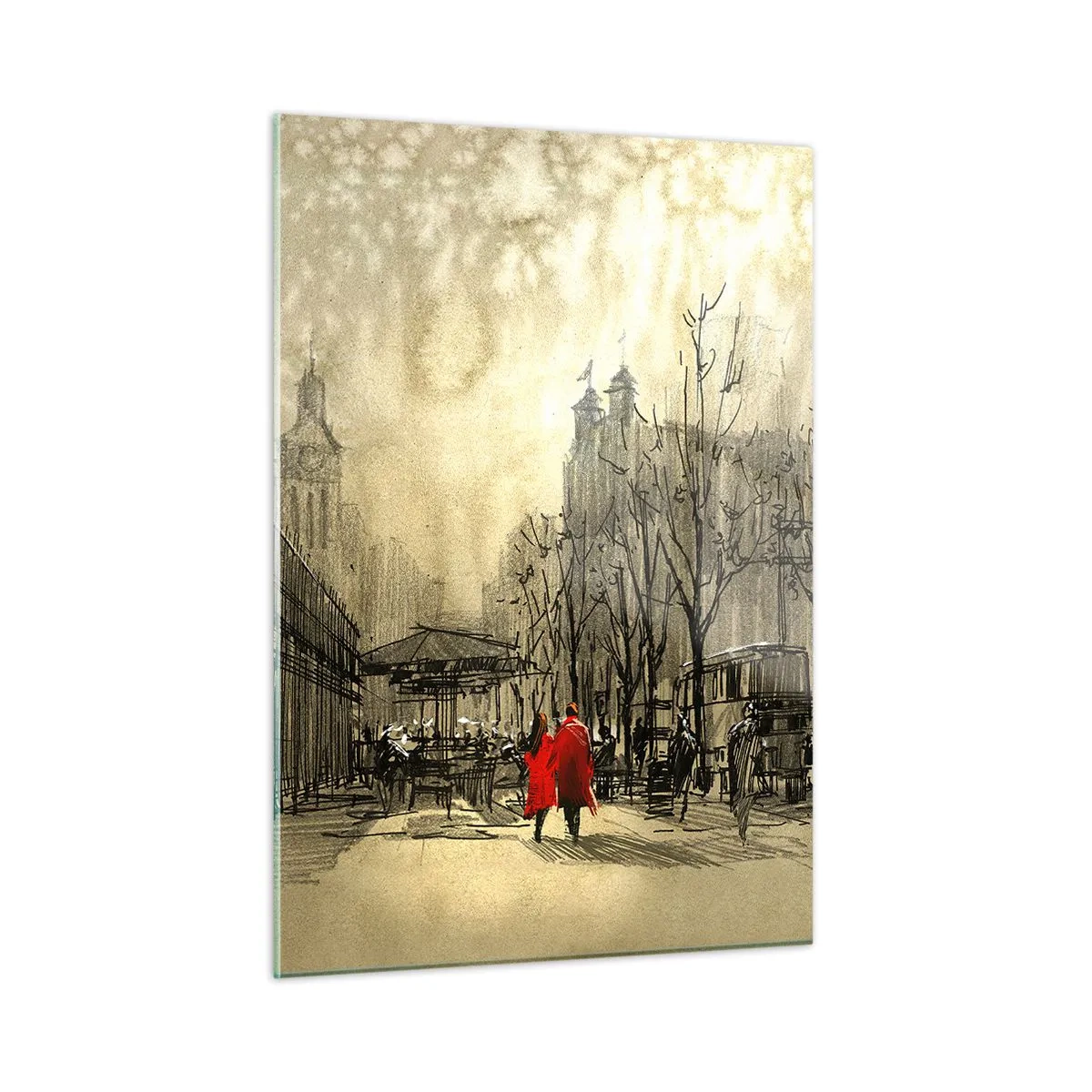 Impression sur verre - Image sur verre - Un rendez-vous dans le brouillard londonien avec un accent de manteau rouge - 50x70cm - Rendez-vous dans le brouillard de Londres - Décoration murale moderne pour le salon et la chambre ARTTOR