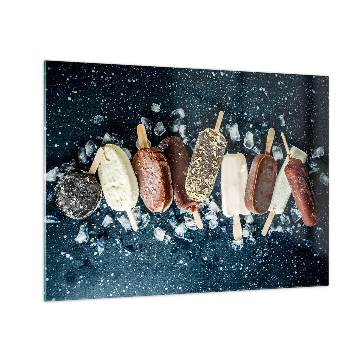 Impression sur verre - Image sur verre - Glaces aux saveurs variées disposées sur des glaçons - 70x50cm - Le goût de l'été chaud - Décoration murale moderne pour le salon et la chambre ARTTOR