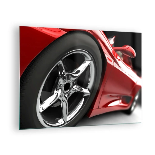 Impression sur verre - Image sur verre - Détail d'une voiture de sport rouge avec une jante chromée - 70x50cm - Conçu pour la vitesse - Décoration murale moderne pour le salon et la chambre ARTTOR
