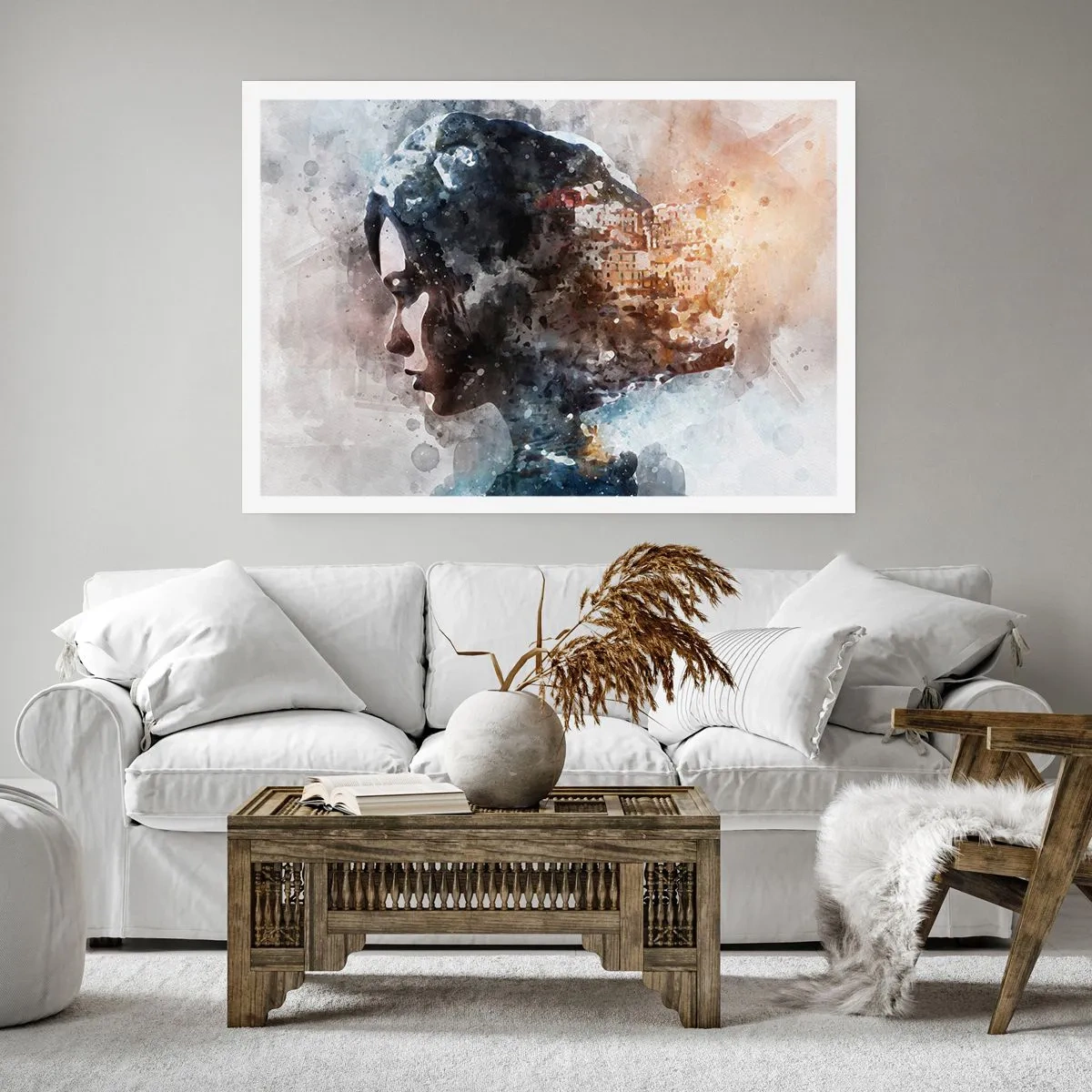 Affiche - Poster - Portrait d'une femme combinant son visage avec un paysage urbain en arrière-plan - 100x70cm - L'histoire d'une fille avec une ville en arrière-plan - Décoration murale moderne pour le salon et la chambre ARTTOR