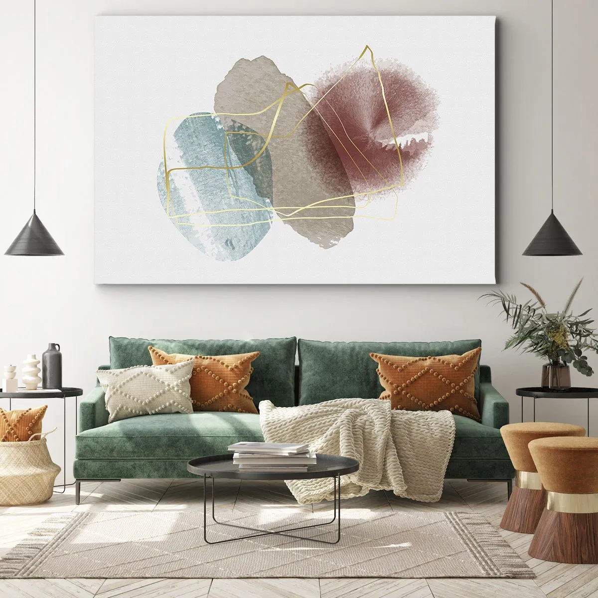 Impression sur toile - Image sur toile - Formes abstraites aux couleurs délicates et aux lignes dorées - 70x50cm - Coraux de l'espace - Décoration murale moderne pour le salon et la chambre ARTTOR