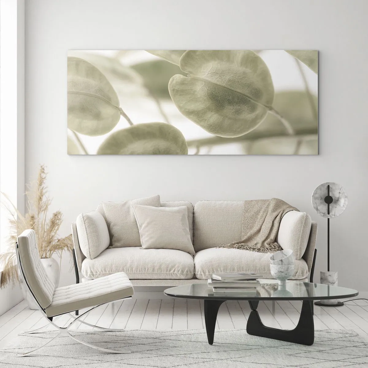 Impression sur verre - Image sur verre - Une peinture délicate de feuilles dans des tons pastel de vert sur un fond clair. - 120x50cm - Au commencement il y avait des feuilles... - Décoration murale moderne pour le salon et la chambre ARTTOR