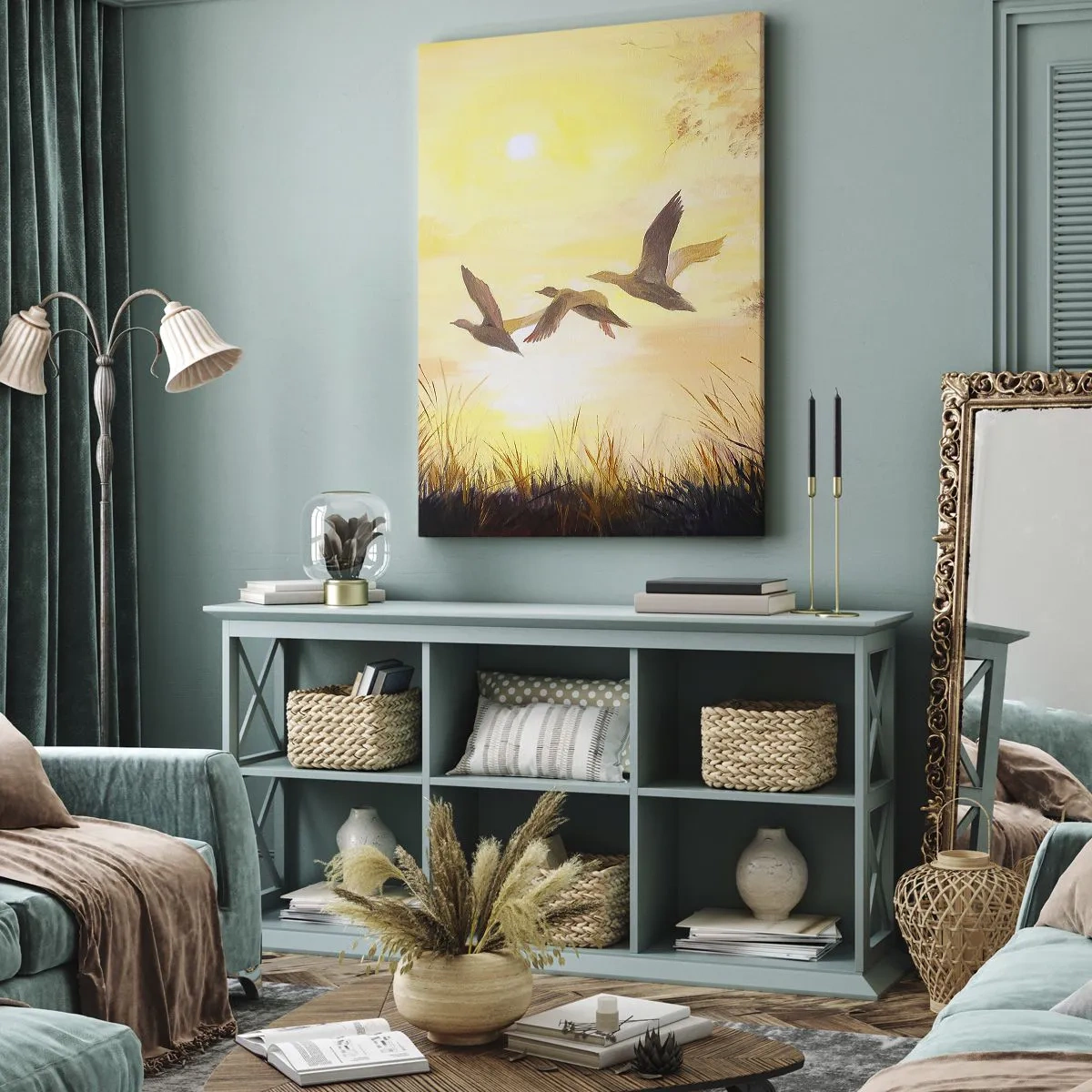 Impression sur toile - Image sur toile - Canards volant au lever du soleil au-dessus du lac - 50x70cm - Le début d'un long voyage - Décoration murale moderne pour le salon et la chambre ARTTOR