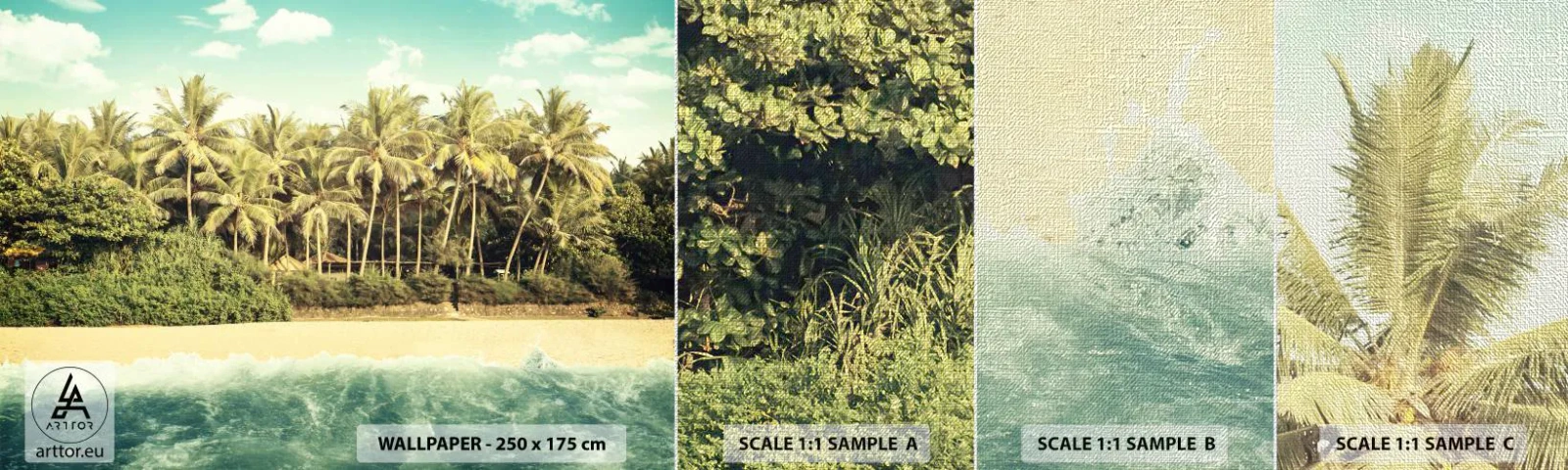 Échantillon de Papier Peint Premium Canvas - Peut-être ici? - Paysage, Plage, Cocotier - 100x30 cm