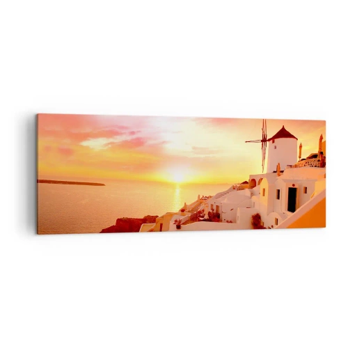 Impression sur toile - Image sur toile - Santorin au coucher du soleil avec un moulin à vent - 140x50cm - Fondre en blanc et or - Décoration murale moderne pour le salon et la chambre ARTTOR