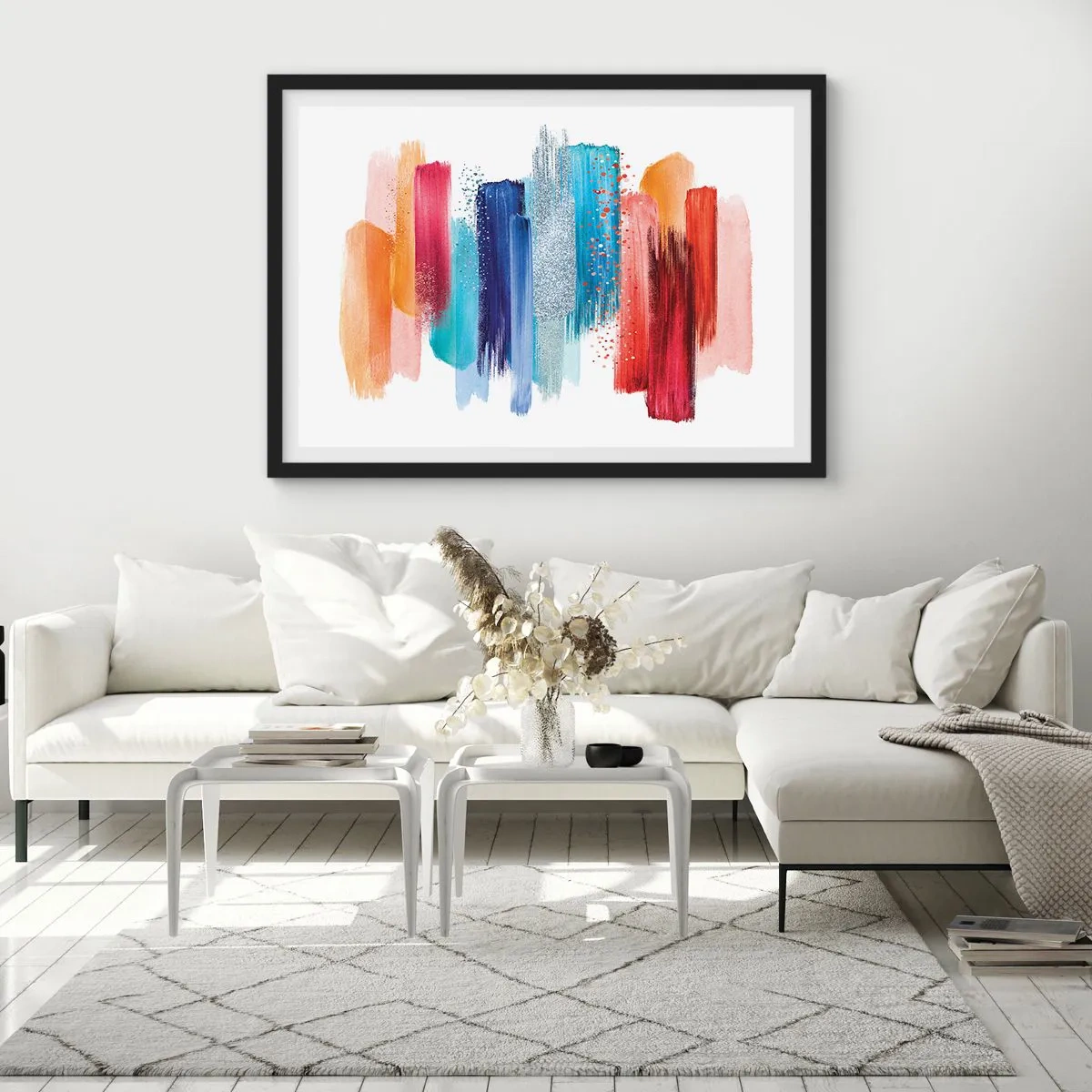 Affiche dans un cadre noir - Poster - Coups de pinceau colorés sur fond blanc - 70x50cm - En haut et en bas - Décoration murale moderne pour le salon et la chambre ARTTOR