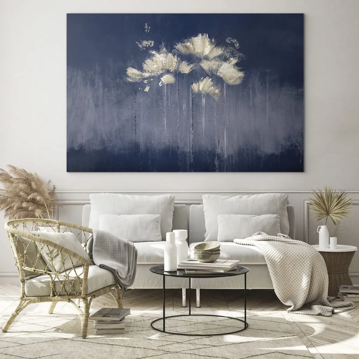 Impression sur verre - Image sur verre - Composition florale abstraite dorée sur fond bleu marine - 120x80cm - Comme des pétales au vent - Décoration murale moderne pour le salon et la chambre ARTTOR