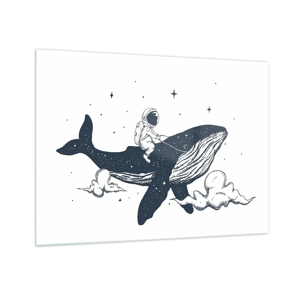 Impression sur verre - Image sur verre - Un astronaute chevauchant une baleine parmi les étoiles et les nuages - 70x50cm - Aventure spatiale - Décoration murale moderne pour le salon et la chambre ARTTOR
