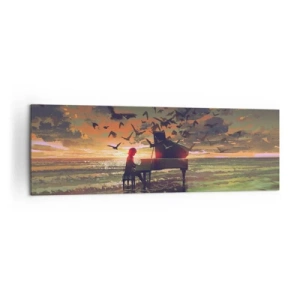 Impression sur toile - Image sur toile - Un piano au bord de la mer au coucher du soleil avec des oiseaux - 160x50cm - Concert pour piano et vagues - Décoration murale moderne pour le salon et la chambre ARTTOR
