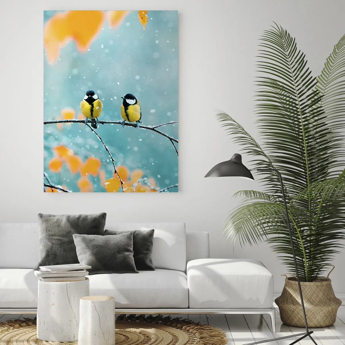Impression sur verre - Image sur verre - Deux oiseaux sur une branche dans un décor hivernal avec des feuilles jaunes. - 80x120cm - Potins d'oiseaux - Décoration murale moderne pour le salon et la chambre ARTTOR