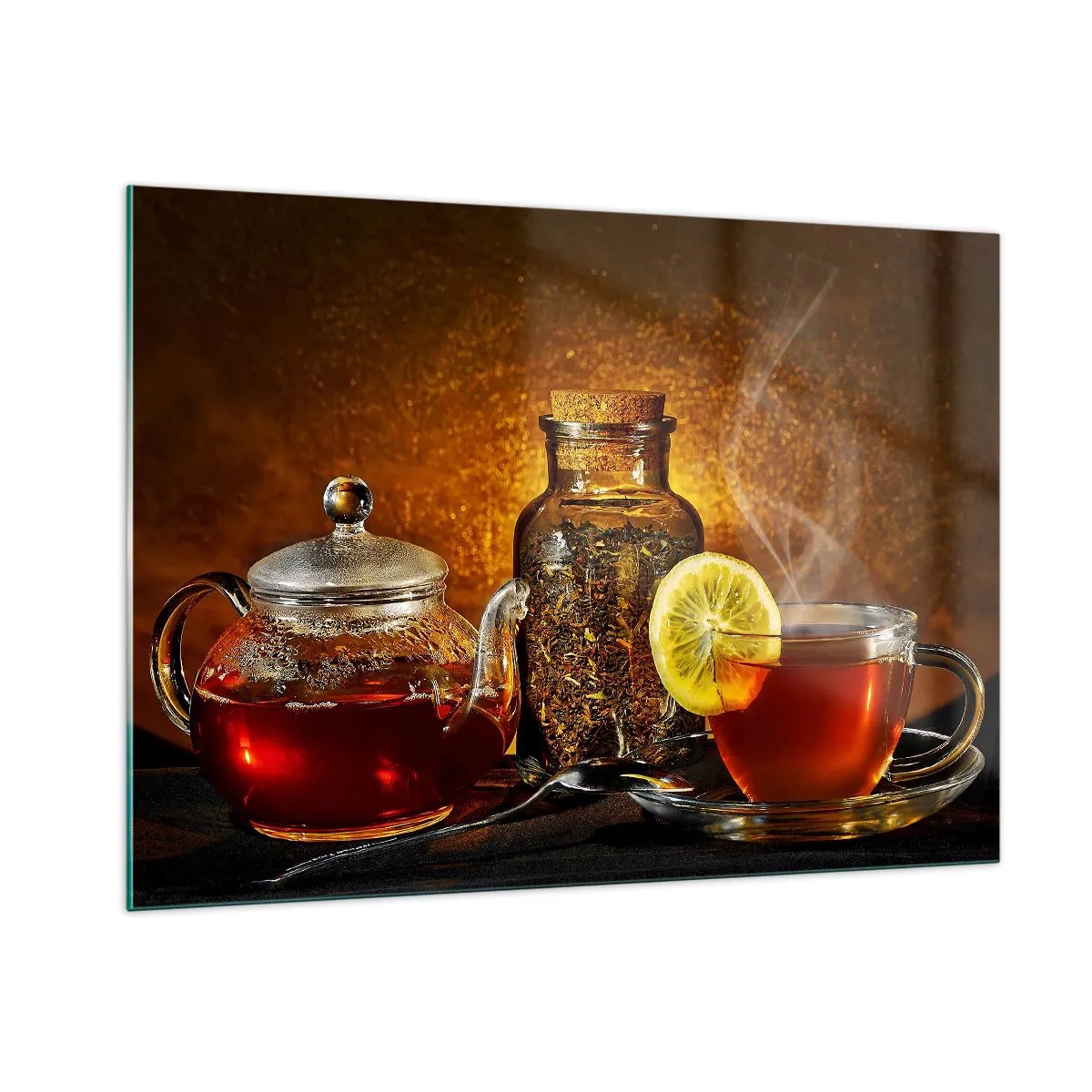 Impression sur verre - Image sur verre - Une théière en verre et une tasse de thé au citron - 100x70cm - Dans le style des maîtres hollandais - Décoration murale moderne pour le salon et la chambre ARTTOR