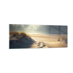Impression sur verre - Image sur verre - Dunes dorées sur la plage au coucher du soleil avec vue sur la mer - 140x50cm - Un paysage apaisant - Décoration murale moderne pour le salon et la chambre ARTTOR