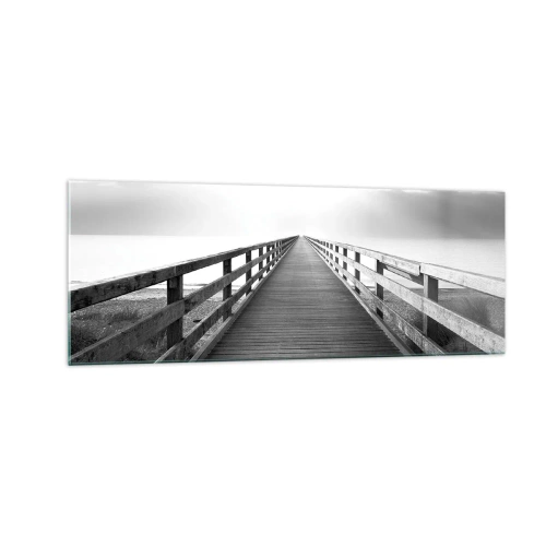 Impression sur verre - Image sur verre - Une image en noir et blanc d'une jetée en bois menant vers l'horizon. - 140x50cm - A perte de vue... - Décoration murale moderne pour le salon et la chambre ARTTOR