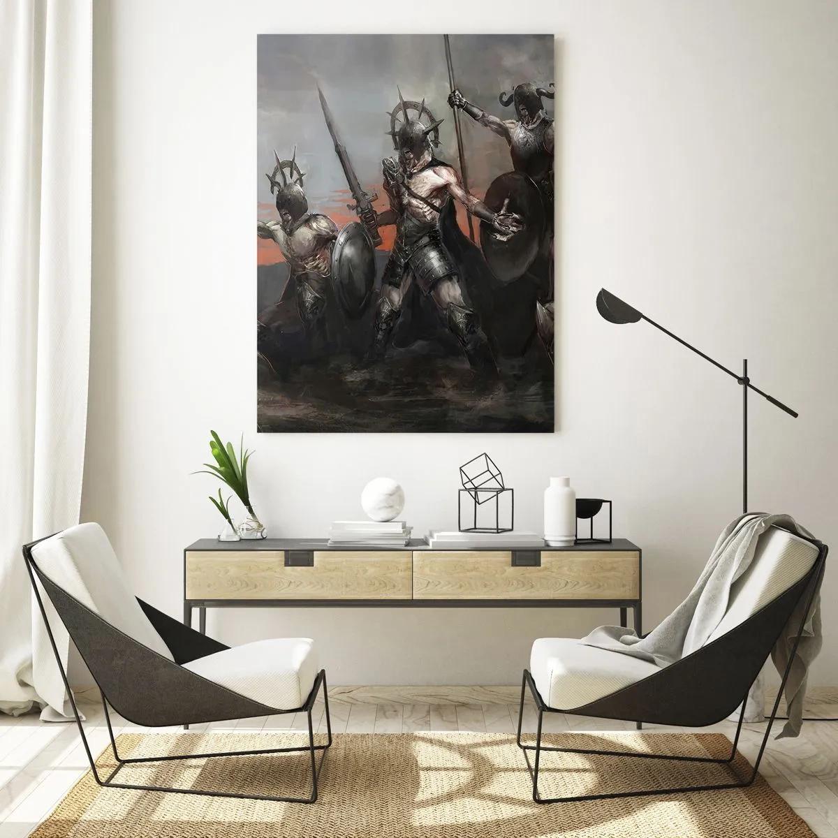 Impression sur verre - Image sur verre - Un groupe de guerriers en armure avec des lances sur fond de coucher de soleil - 70x100cm - Avec ou sur un bouclier - Décoration murale moderne pour le salon et la chambre ARTTOR