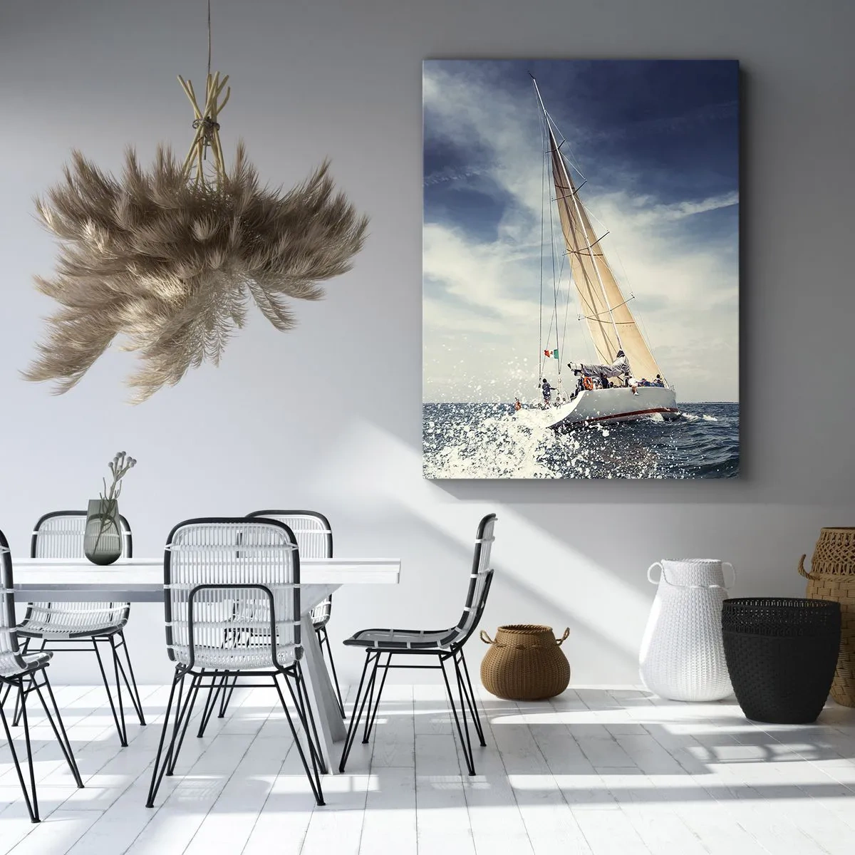 Impression sur toile - Image sur toile - Un voilier sur une mer agitée sous un ciel bleu - 50x70cm - Ils ne nous rattraperont pas ! - Décoration murale moderne pour le salon et la chambre ARTTOR