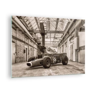 Impression sur verre - Image sur verre - Une voiture de course vintage dans un hall industriel - 70x50cm - Le repos du guerrier - Décoration murale moderne pour le salon et la chambre ARTTOR