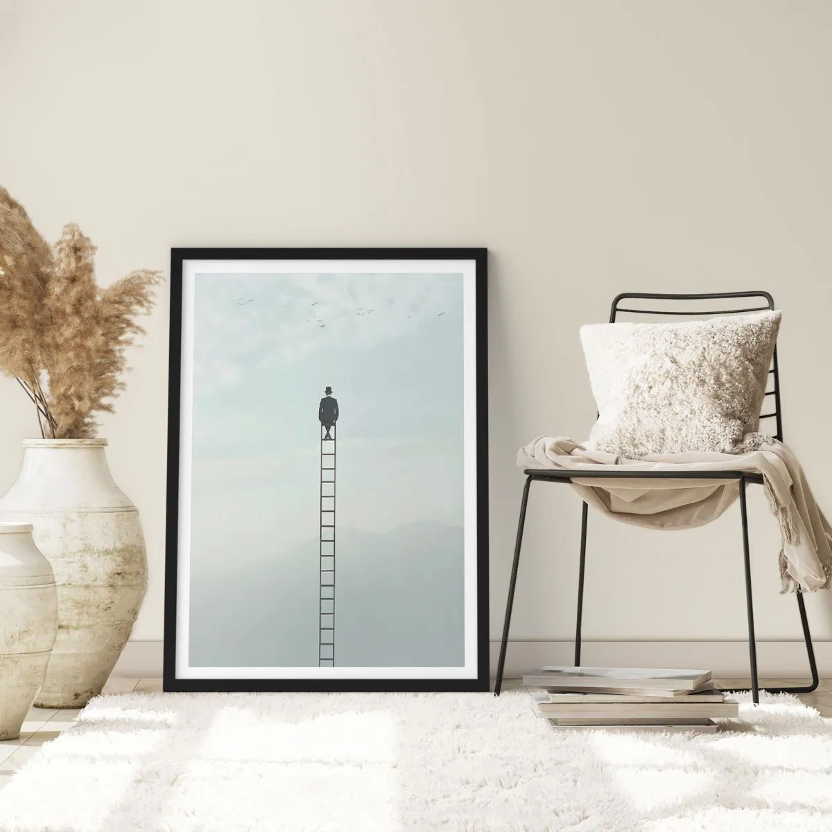 Affiche dans un cadre noir - Poster - Un homme sur une échelle regardant le ciel - 50x70cm - Se soulever au-dessus - Décoration murale moderne pour le salon et la chambre ARTTOR