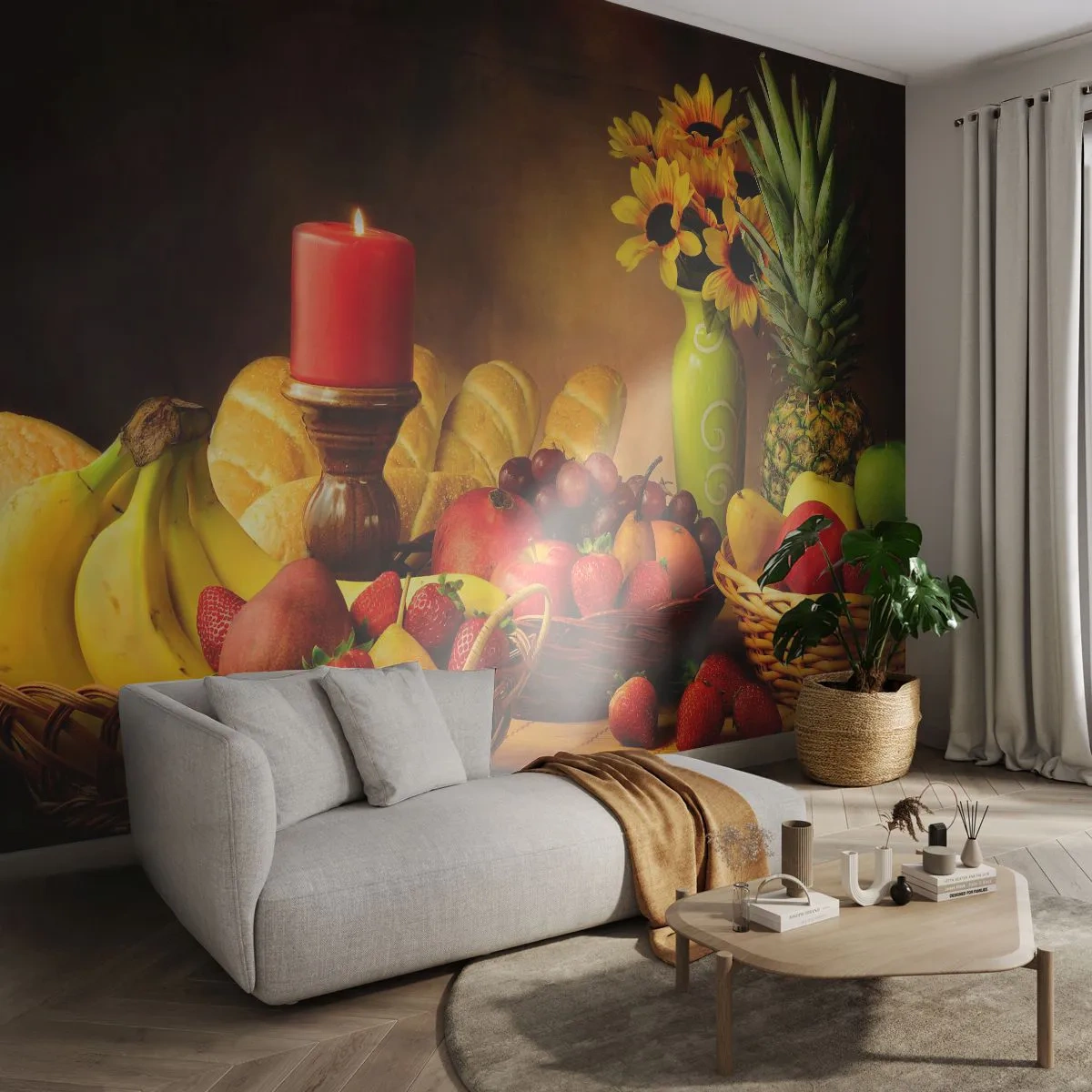 Papier Peint Photo Premium Sand - Nature morte de pain et de fruits - La gastronomie, Fleurs, Fruit - 400x280 cm