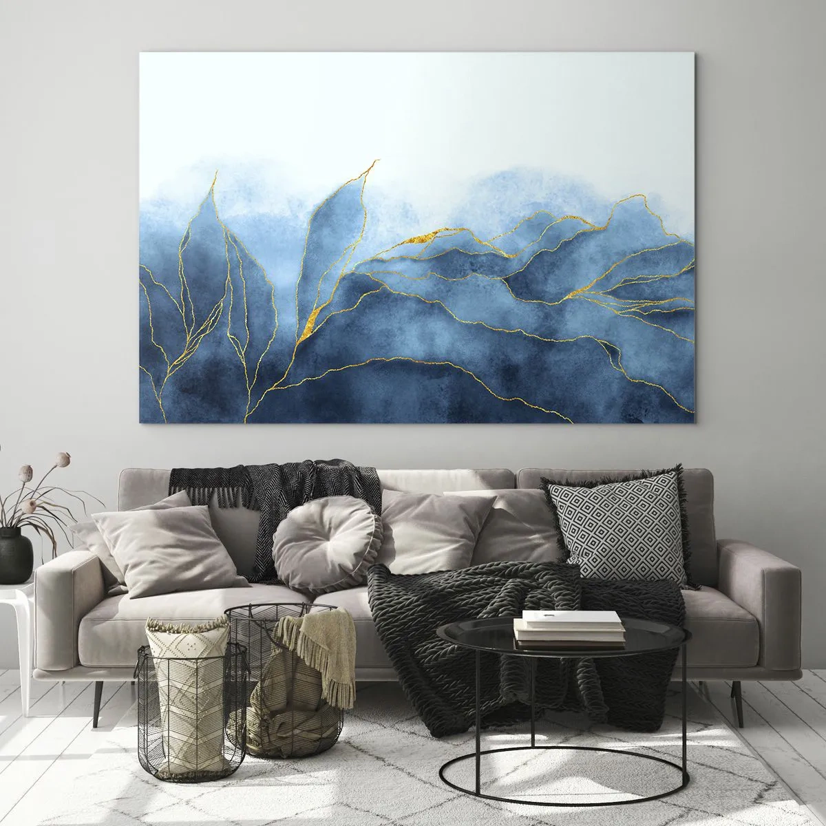 Impression sur verre - Image sur verre - Formes bleues abstraites avec de délicates lignes dorées. - 70x50cm - Bleu doré - Décoration murale moderne pour le salon et la chambre ARTTOR