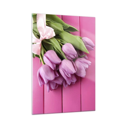 Impression sur verre - Image sur verre - Un bouquet de tulipes roses sur un fond en bois - 50x70cm - Juste pour toi - Décoration murale moderne pour le salon et la chambre ARTTOR
