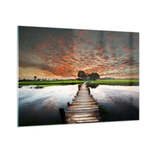 Impression sur verre - Image sur verre - Pont en bois sur la rivière au coucher du soleil - 100x70cm - Étendez vos bras - respirez - Décoration murale moderne pour le salon et la chambre ARTTOR