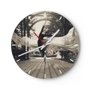 Horloge murale - Pendule murale - Une danseuse en mouvement avec un tissu fluide dans un décor noir et blanc. - 30x30cm - La danse de l'esprit jardin - Décoration murale moderne pour le salon, la cuisine et la chambre ARTTOR