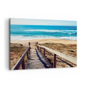 Impression sur toile - Image sur toile - Chemin en bois menant à la plage - 100x70cm - Cours! - Décoration murale moderne pour le salon et la chambre ARTTOR