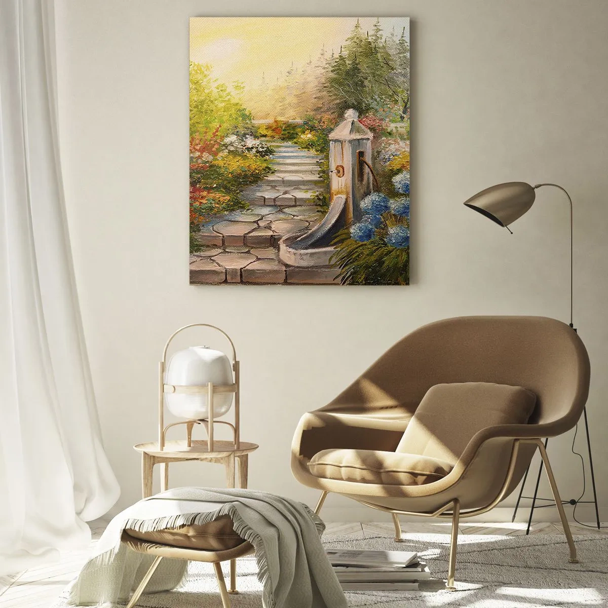 Impression sur verre - Image sur verre - Un jardin pittoresque avec une fontaine et des fleurs colorées - 80x120cm - En pleine floraison - Décoration murale moderne pour le salon et la chambre ARTTOR