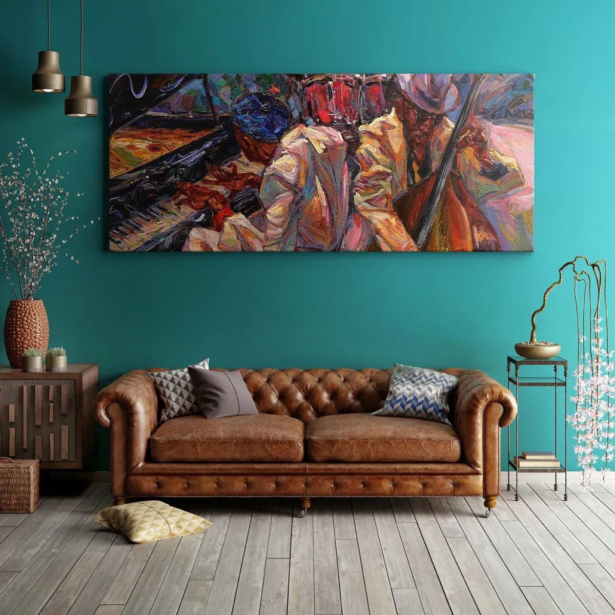 Impression sur toile - Image sur toile - Scène de jazz énergique avec musiciens et instruments - 140x50cm - Dans le même tempo - Décoration murale moderne pour le salon et la chambre ARTTOR