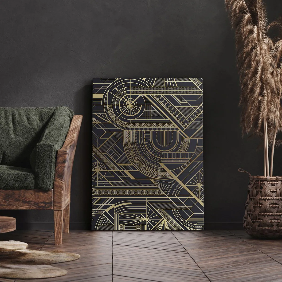 Impression sur toile - Image sur toile - Motifs géométriques dorés sur fond noir dans le style Art Déco - 70x100cm - Concept, idée, plan - Décoration murale moderne pour le salon et la chambre ARTTOR