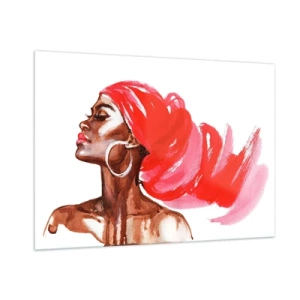 Impression sur verre - Image sur verre - Portrait à l'aquarelle d'une femme au turban rouge - 100x70cm - "Les cheveux dans le vent" - Décoration murale moderne pour le salon et la chambre ARTTOR