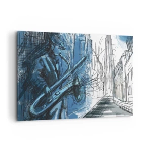 Impression sur toile - Image sur toile - Une silhouette jouant du saxophone sur fond de ville - 120x80cm - Rhapsodie urbaine - Décoration murale moderne pour le salon et la chambre ARTTOR