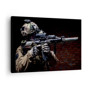 Impression sur toile - Image sur toile - Un soldat en équipement complet avec un fusil - 70x50cm - Meurtrier efficace - Décoration murale moderne pour le salon et la chambre ARTTOR