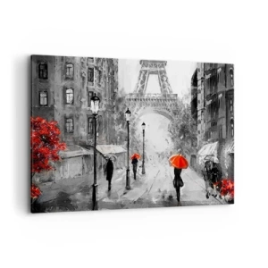 Impression sur toile - Image sur toile - Une rue avec vue sur la Tour Eiffel et des parapluies rouges - 100x70cm - Tous les chemins mènent à elle - Décoration murale moderne pour le salon et la chambre ARTTOR