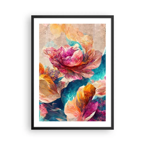 Affiche dans un cadre noir - Poster - Fleurs abstraites dans les tons de rose et de turquoise - 50x70cm - Splendeur colorée du bouquet - Décoration murale moderne pour le salon et la chambre ARTTOR