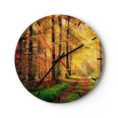 Horloge murale - Pendule murale - Un chemin dans une forêt d'automne dorée éclairée par le soleil - 30x30cm - Silence d'or en forêt - Décoration murale moderne pour le salon, la cuisine et la chambre ARTTOR