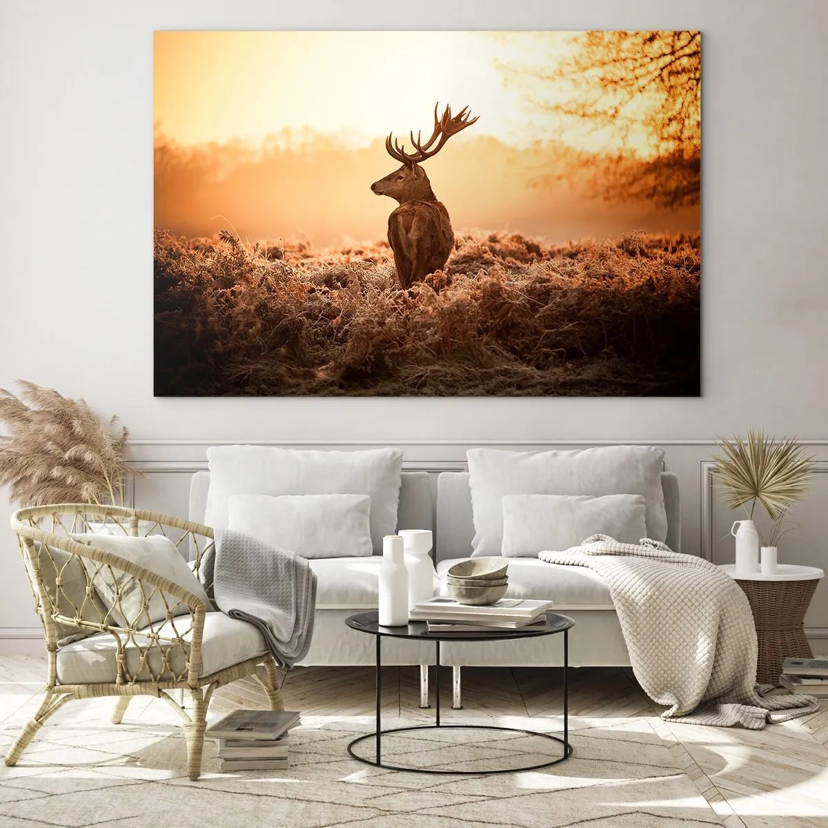 Impression sur verre - Image sur verre - Cerf sur fond de lever de soleil dans un paysage naturel - 120x80cm - Seigneur du domaine - Décoration murale moderne pour le salon et la chambre ARTTOR