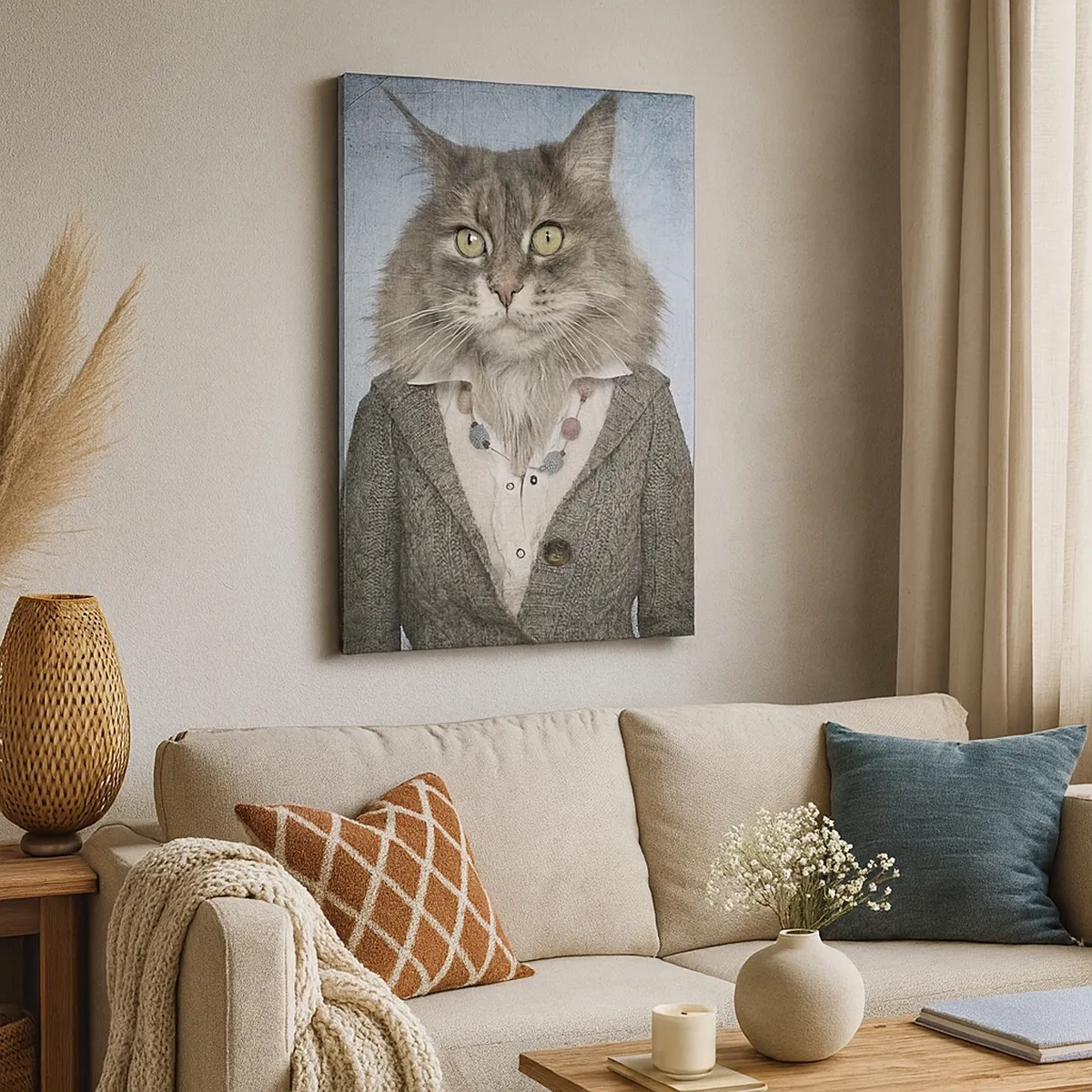 Impression sur toile - Image sur toile - Un triptyque avec des figures animales en vêtements élégants sur un fond stylisé - 50x70cm - La fourrure revient à la mode - Décoration murale moderne pour le salon et la chambre ARTTOR